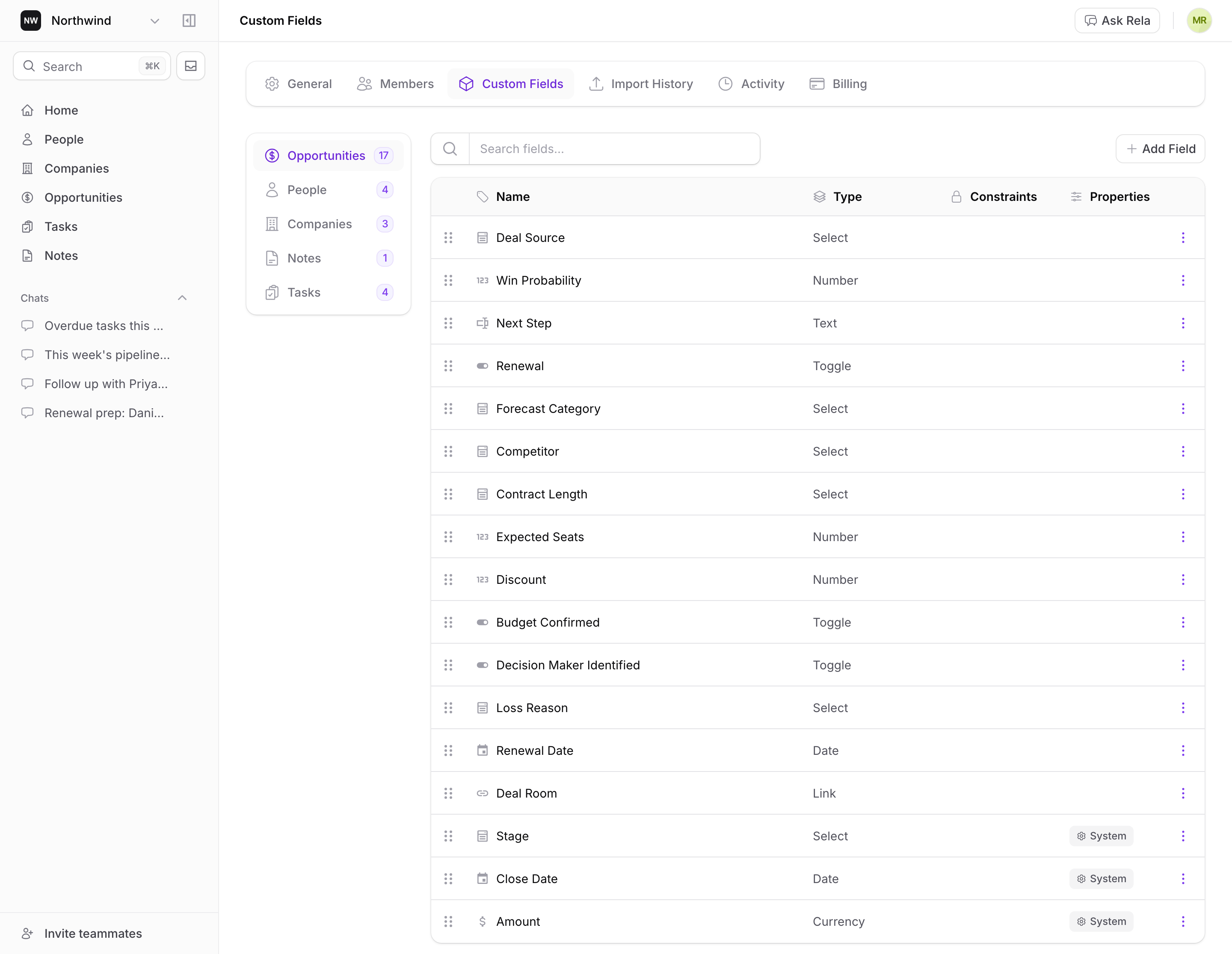 Relaticle custom fields settings showing field name, type, constraints, and properties for Opportunities