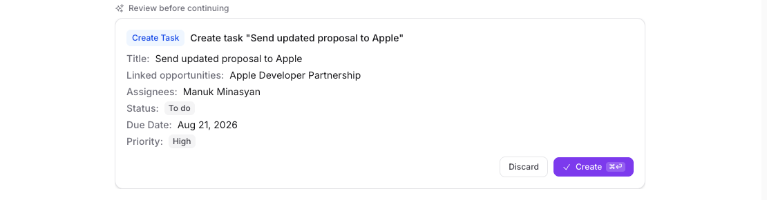 A proposal card headed "Review before continuing", listing a task's title, linked opportunity, assignee, status, due date, and priority, with Discard and Create buttons