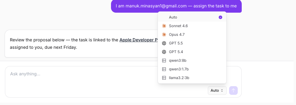 The model picker open above the message box, listing Auto, Claude, and GPT models alongside self-hosted ones