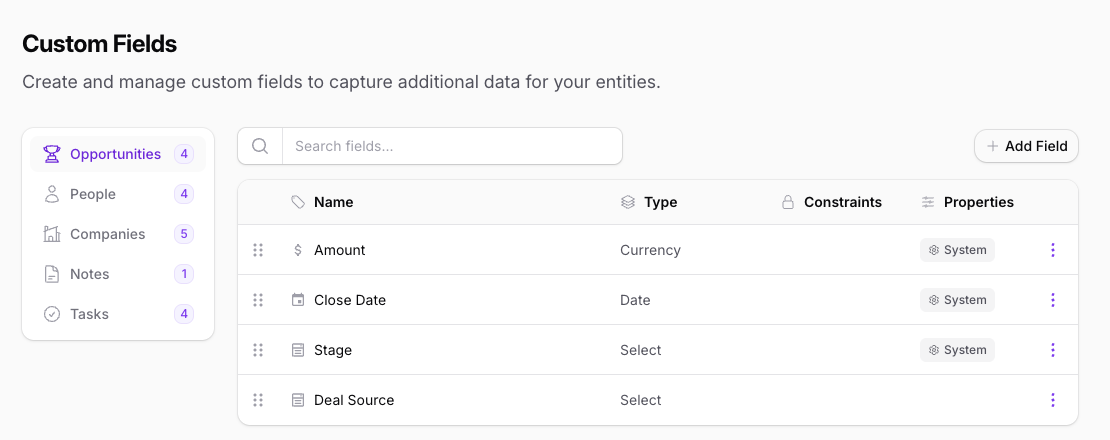 The Custom Fields page on the Opportunities tab, showing Amount, Close Date, and Stage with System badges plus a custom Deal Source field