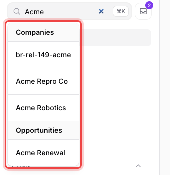 The global search dropdown showing results for "Acme" grouped under Companies and Opportunities