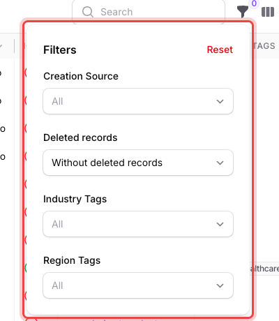 The Filters panel for Companies, showing Creation Source, Deleted records, Industry Tags, and Region Tags
