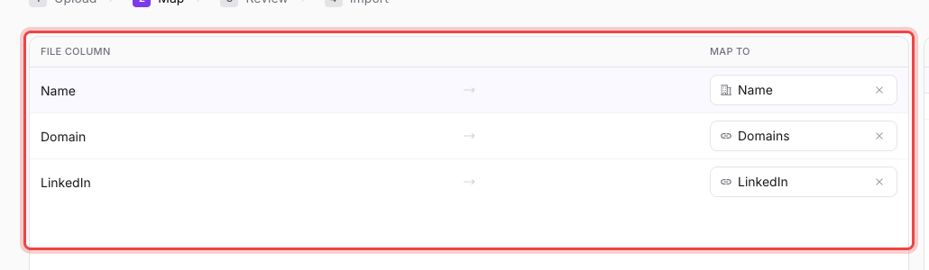The Map step, with File column values Name, Domain, and LinkedIn auto-mapped to the Name, Domains, and LinkedIn fields
