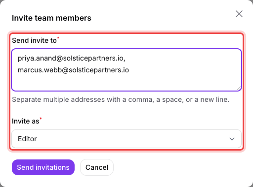 The Invite team members dialog with two addresses in Send invite to and a role chosen in Invite as
