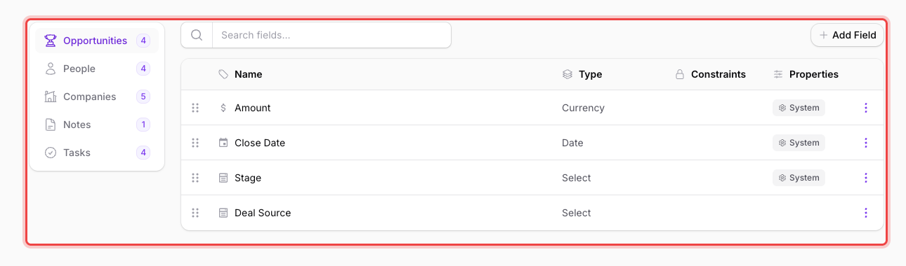 The Custom Fields page for Opportunities, listing Amount, Close Date, and Stage as System fields alongside a Deal Source field