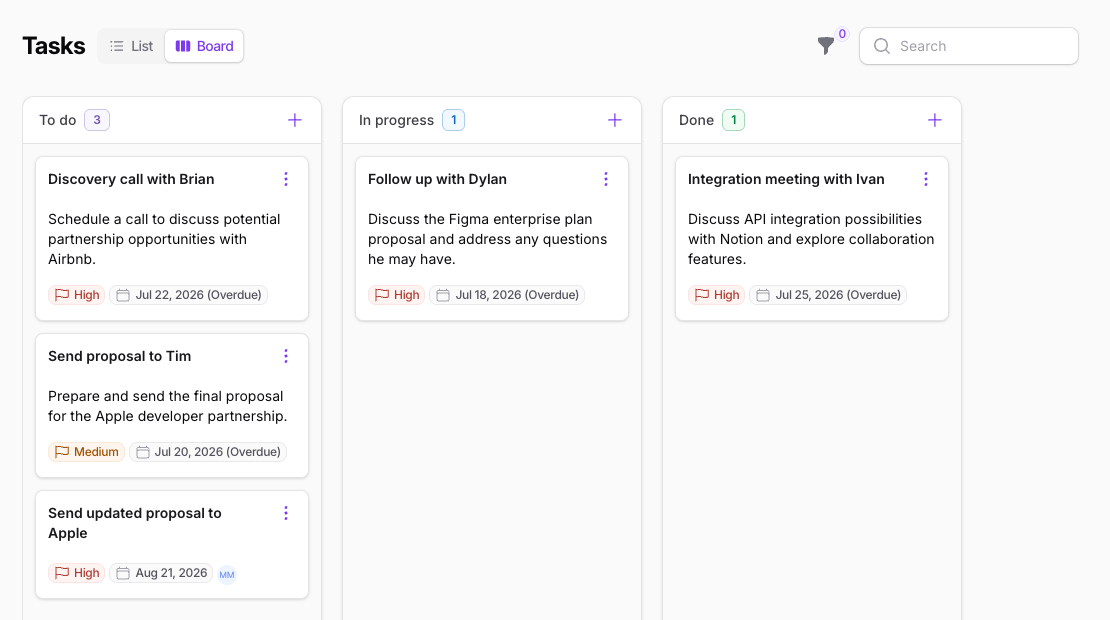 The task board with To do, In progress, and Done columns, cards showing priority flags, due-date badges, and assignee avatars