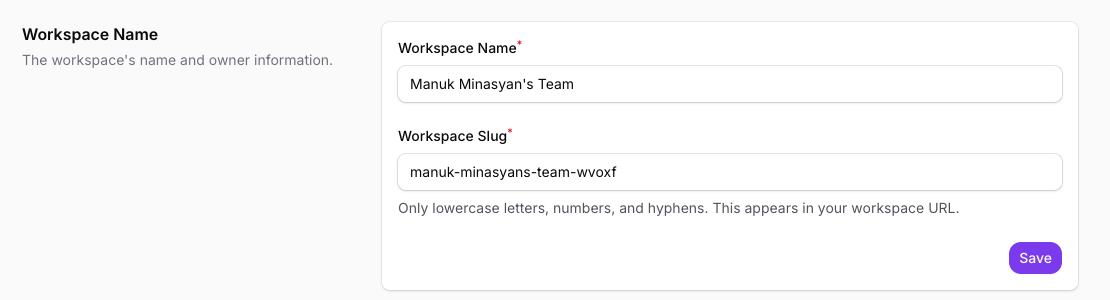The Workspace Name section with the name and slug fields and their URL helper text