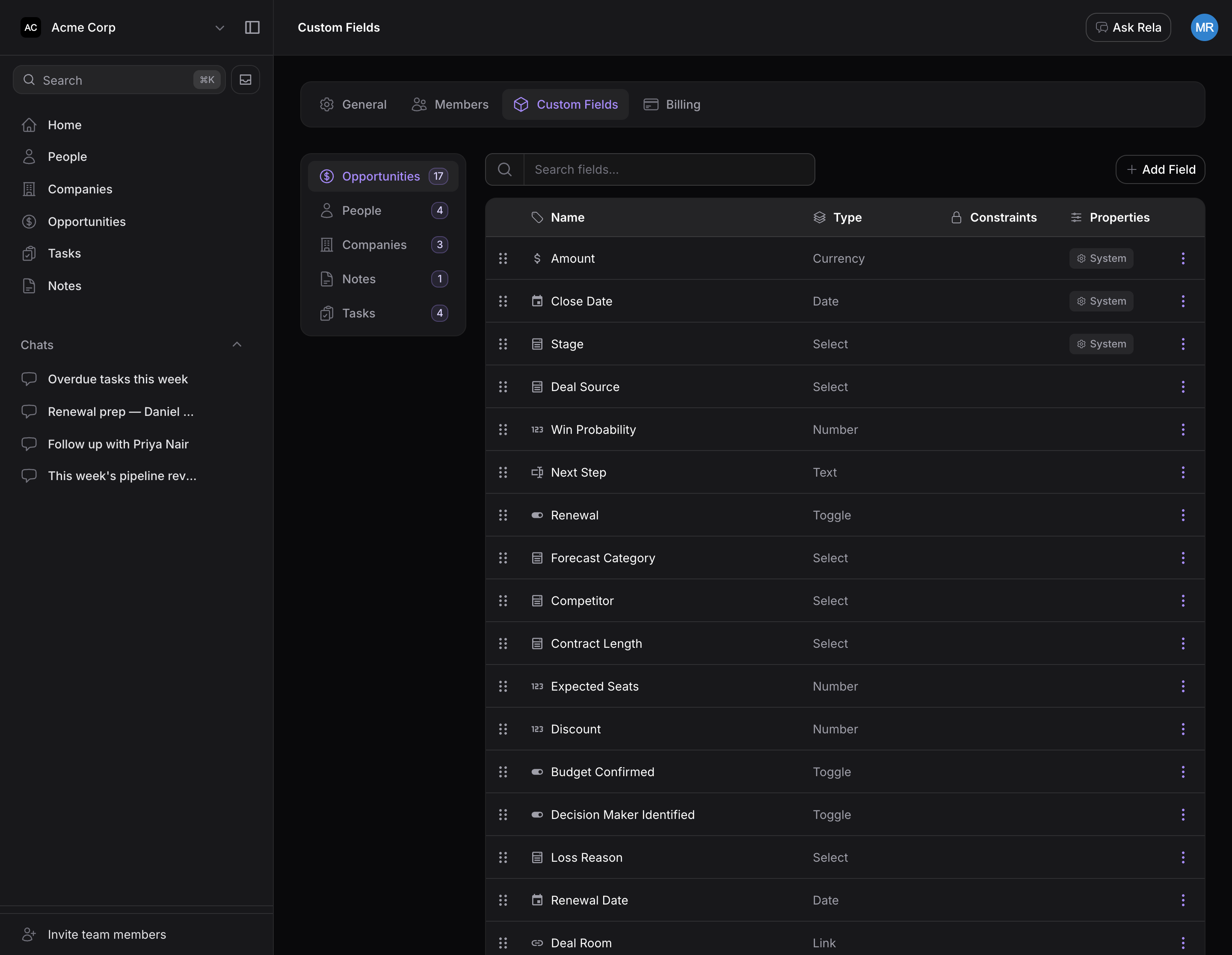 Relaticle custom fields settings showing field name, type, constraints, and properties for Opportunities