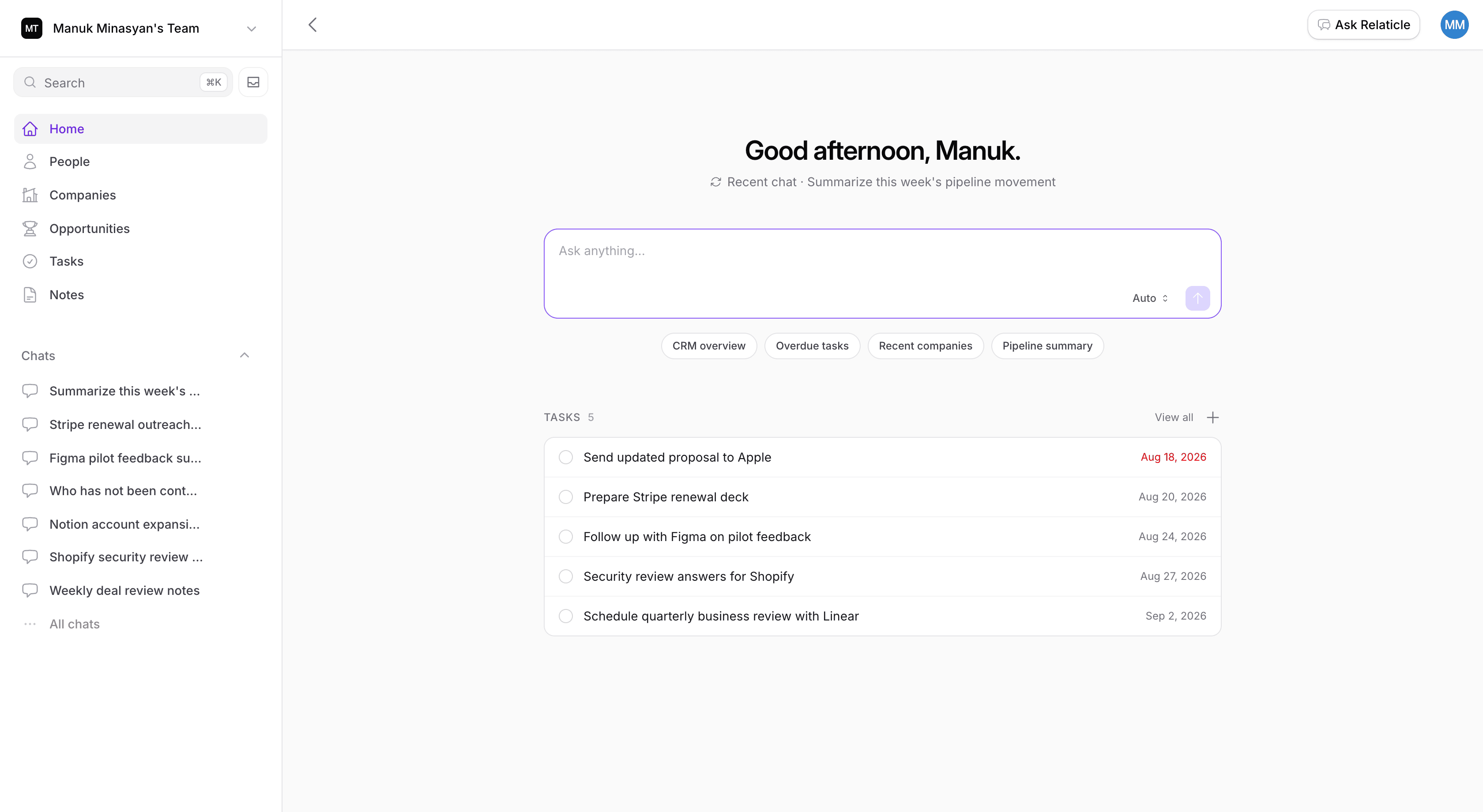 Relaticle Home - AI assistant, chat history, and your open tasks in one view