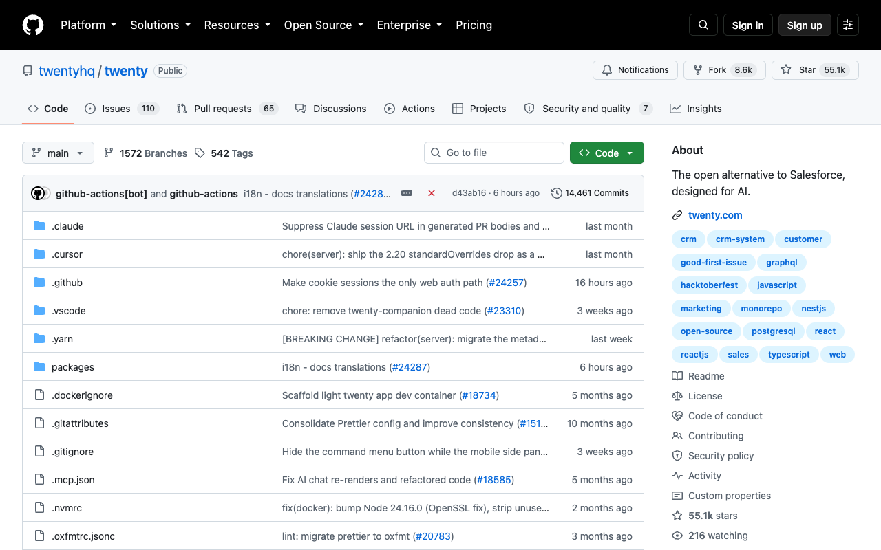Twenty's public GitHub repository page with stars and activity stats