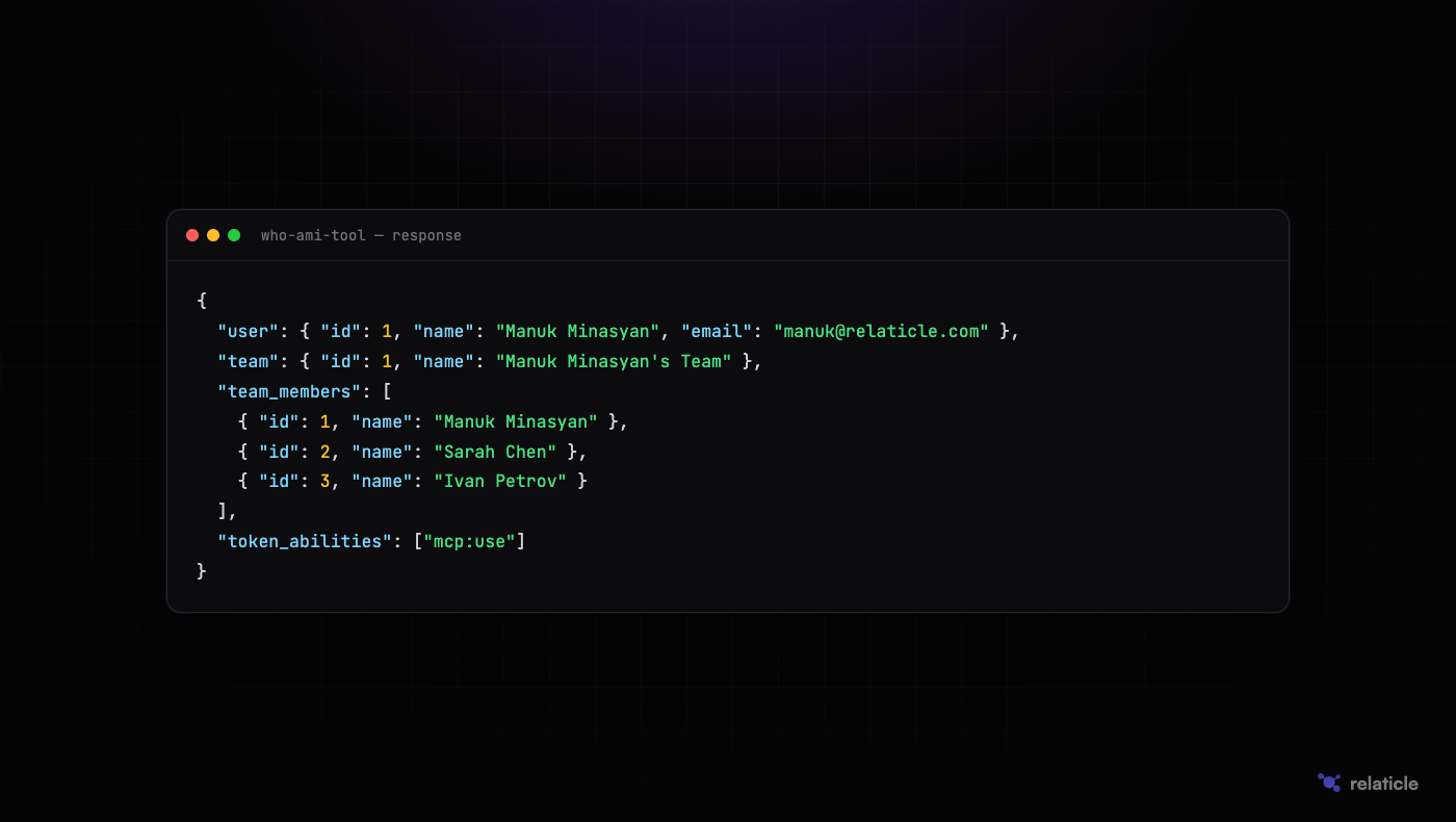 who-ami-tool JSON response showing user, team, team members and token abilities