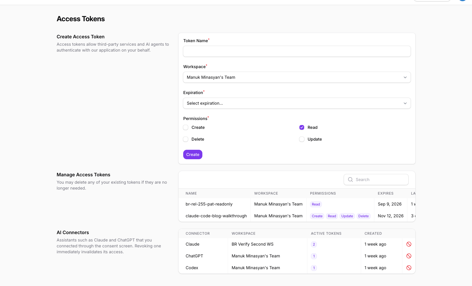The Access Tokens page in Relaticle settings with the Create form and AI Connectors list