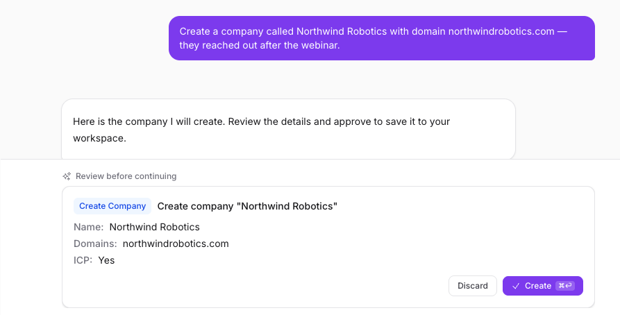 Relaticle AI chat proposal card for a company create action, with Discard and Create buttons
