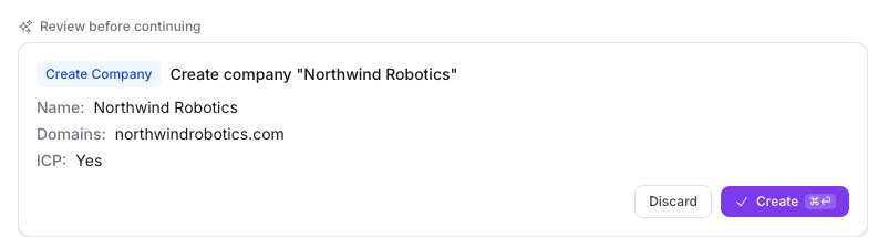 A pending-action approval card in the Relaticle chat interface