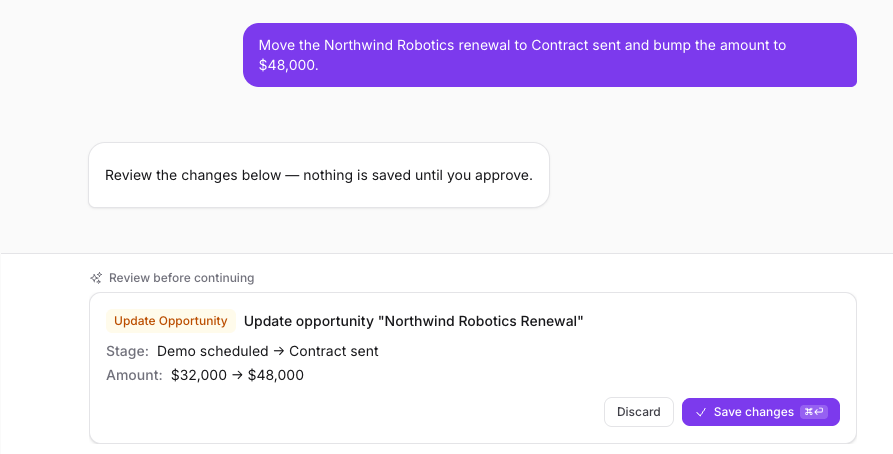 A Relaticle chat pending-action card showing the old to new diff for an opportunity update before the write commits