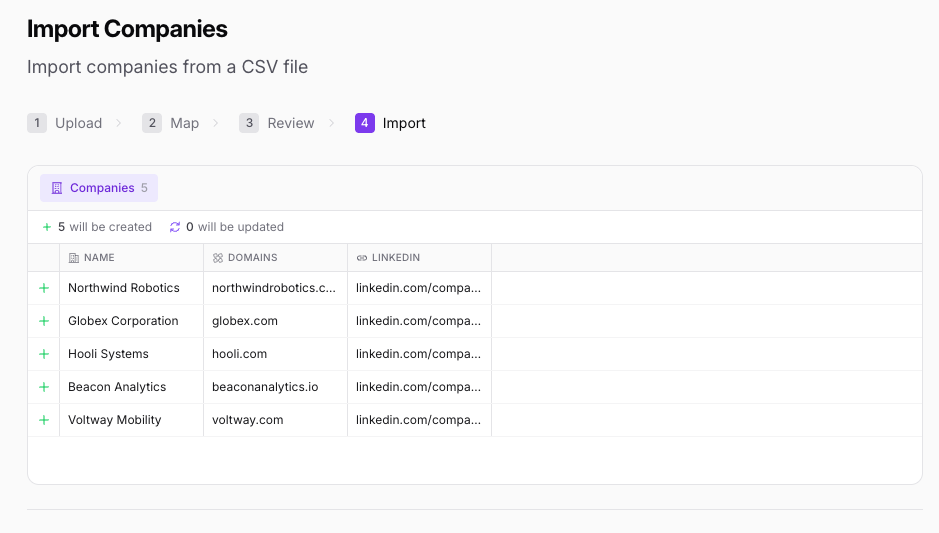 Relaticle's import preview step classifying rows as will-be-created vs will-be-updated