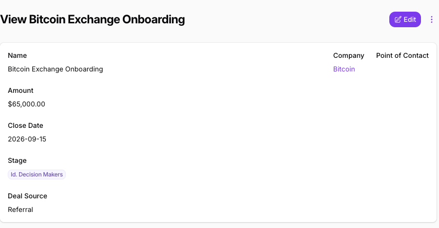 The Bitcoin Exchange Onboarding opportunity with Deal Source set to Referral and Amount, Close Date and Stage unchanged