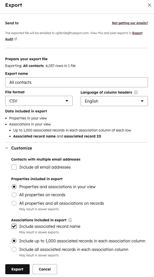 HubSpot's export dialog with the properties scope selector: properties in your view vs all properties on records