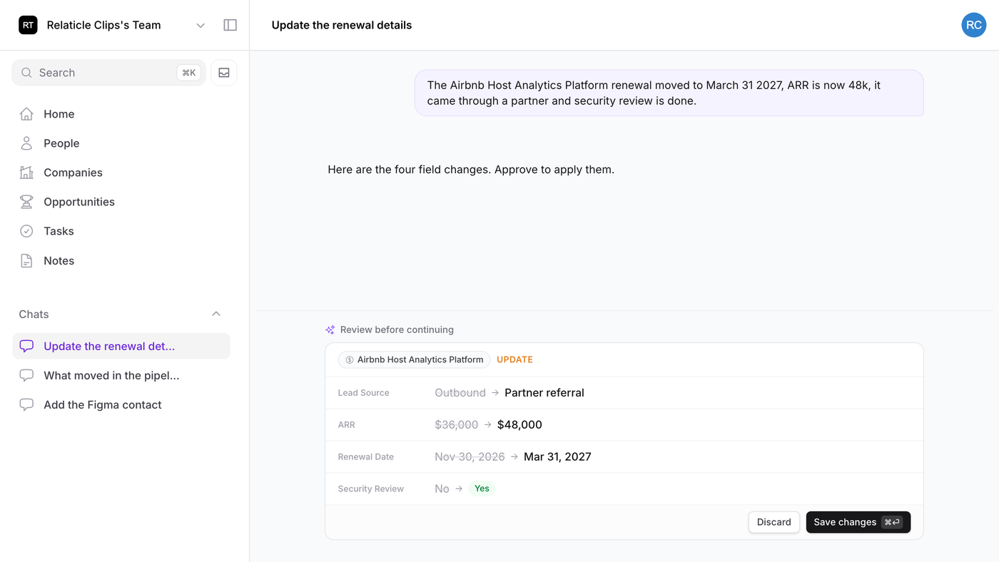A chat proposal card showing old-to-new changes for four custom fields on an opportunity