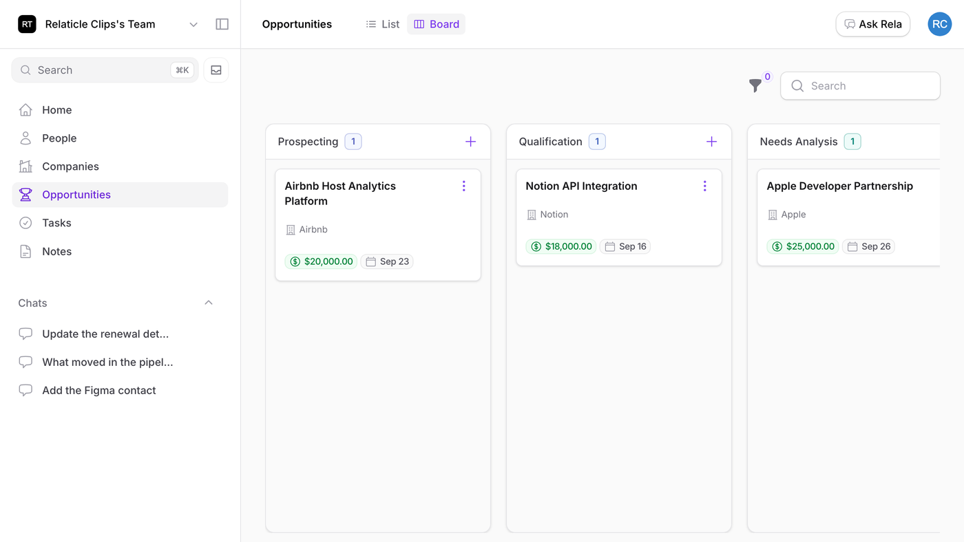 The Relaticle opportunities pipeline board, part of the full product that ships in the free self-hosted deployment