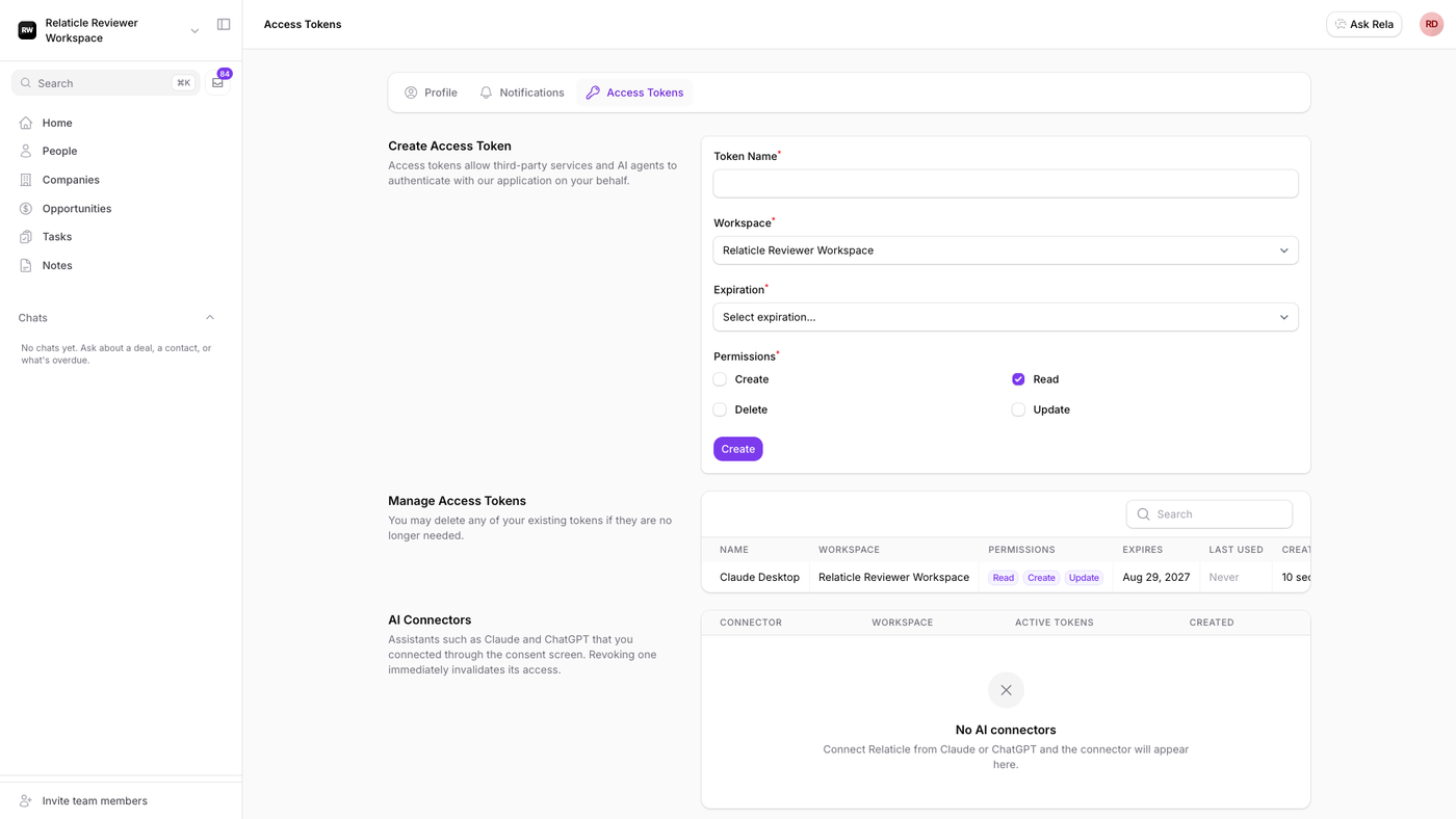 Relaticle's access tokens page with a Claude Desktop token and the AI Connectors list